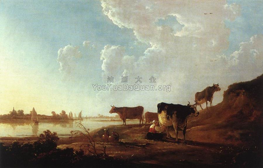 River Scene With Milking Woman - 阿尔伯特·库普